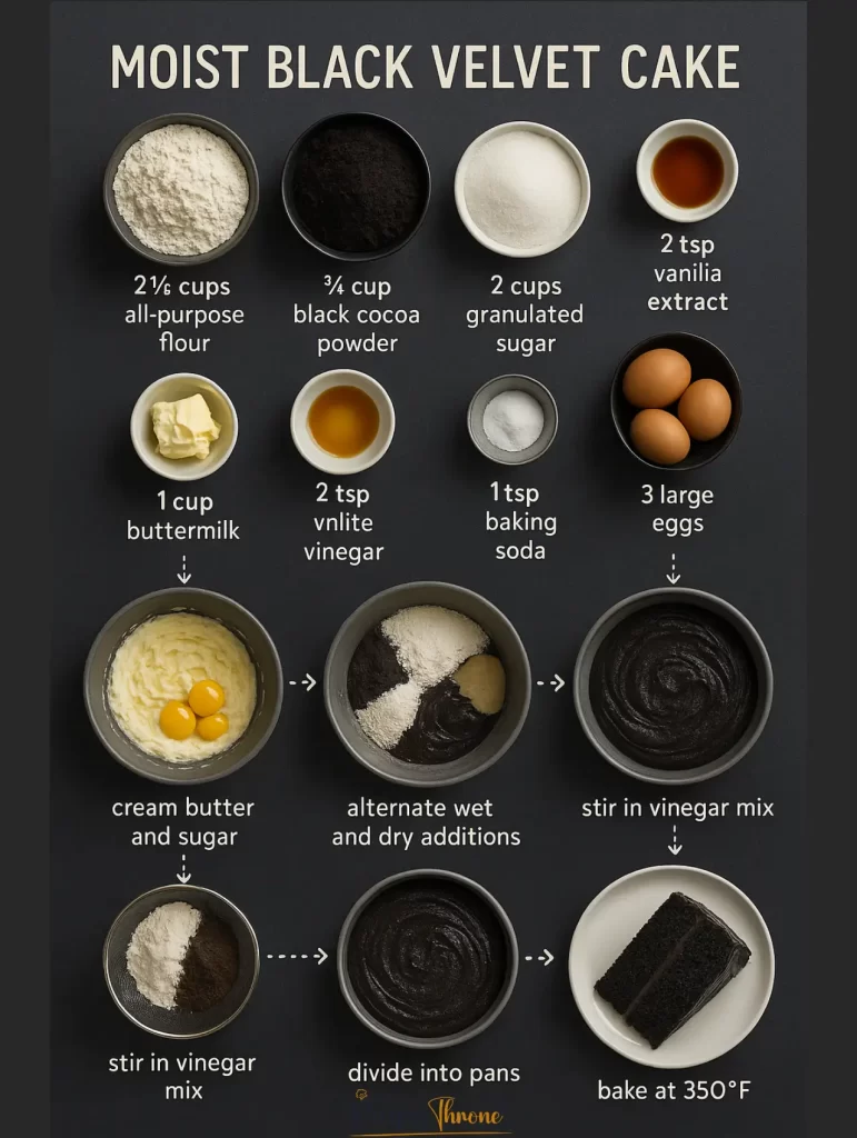 step-by-step recipe infographic for "Moist Black Velvet Cake"